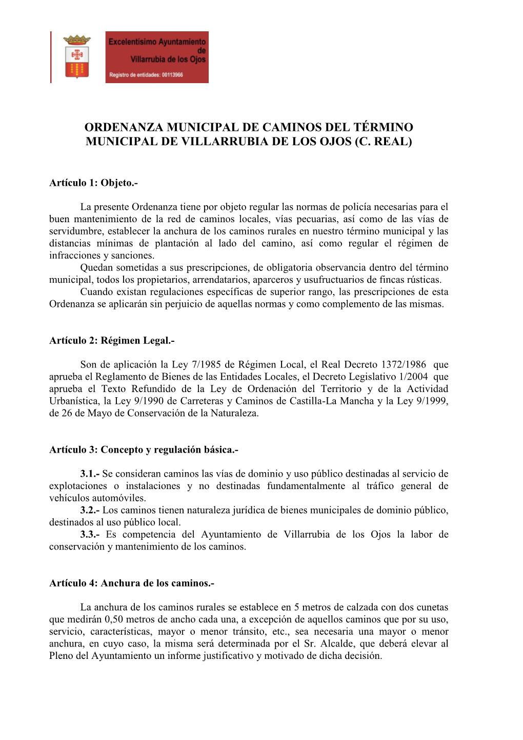 Ordenanza Municipal De Caminos Del Término Municipal De Villarrubia De Los Ojos (C