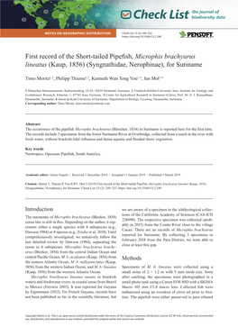 First Record of the Short-Tailed Pipefish, Microphis Brachyurus Lineatus (Kaup, 1856) (Syngnathidae, Nerophinae), for Suriname