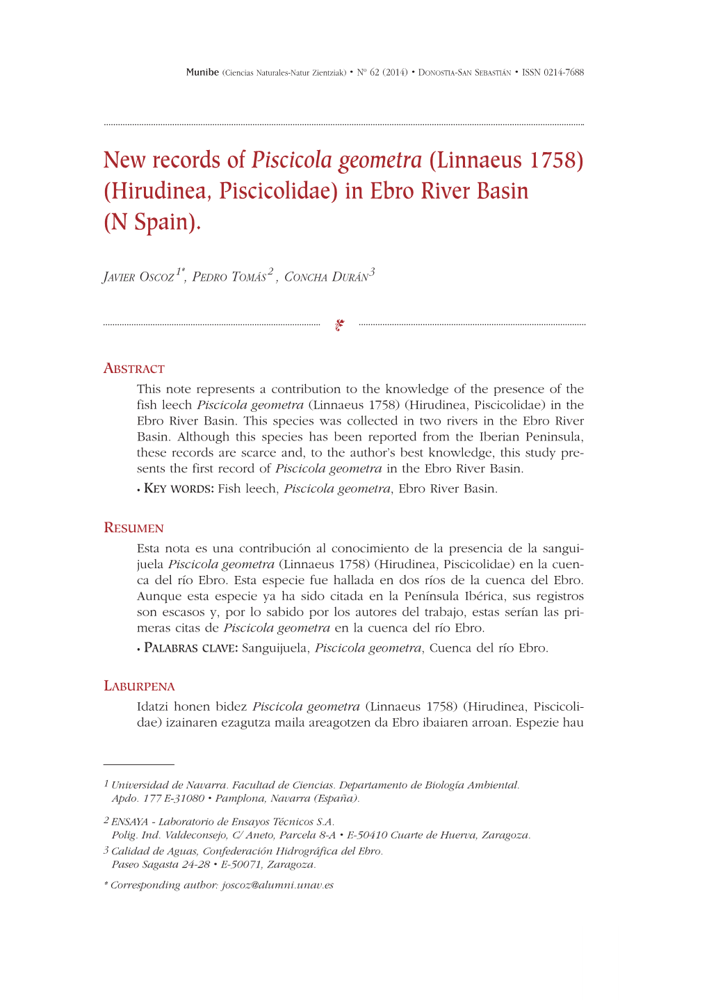 New Records of Piscicola Geometra (Linnaeus 1758) (Hirudinea, Piscicolidae) in Ebro River Basin (N Spain)