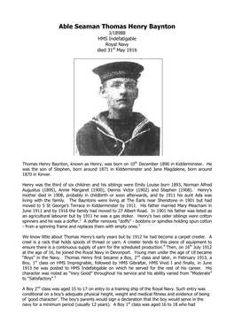 Able Seaman Thomas Henry Baynton J/18988 HMS Indefatigable Royal Navy Died 31St May 1916