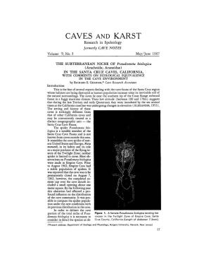 CAVES and KARST Research in Speleology Formerly CAVE NOTES Volume 9, No