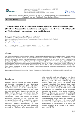 The Occurrence of an Invasive Alien Mussel Mytilopsis Adamsi Morrison