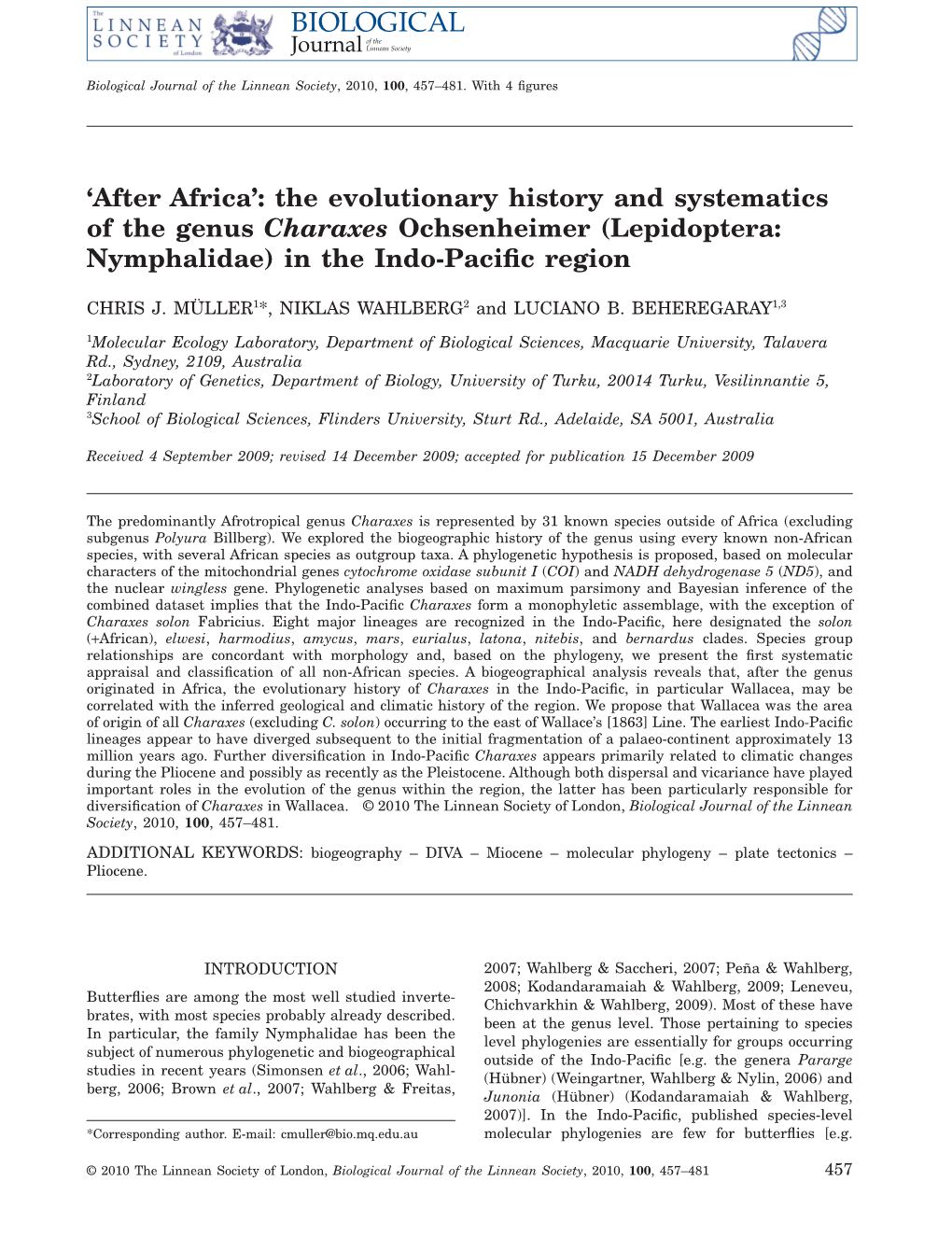 The Evolutionary History and Systematics of the Genus Charaxes Ochsenheimer (Lepidoptera: Nymphalidae) in the Indo-Paciﬁc Region