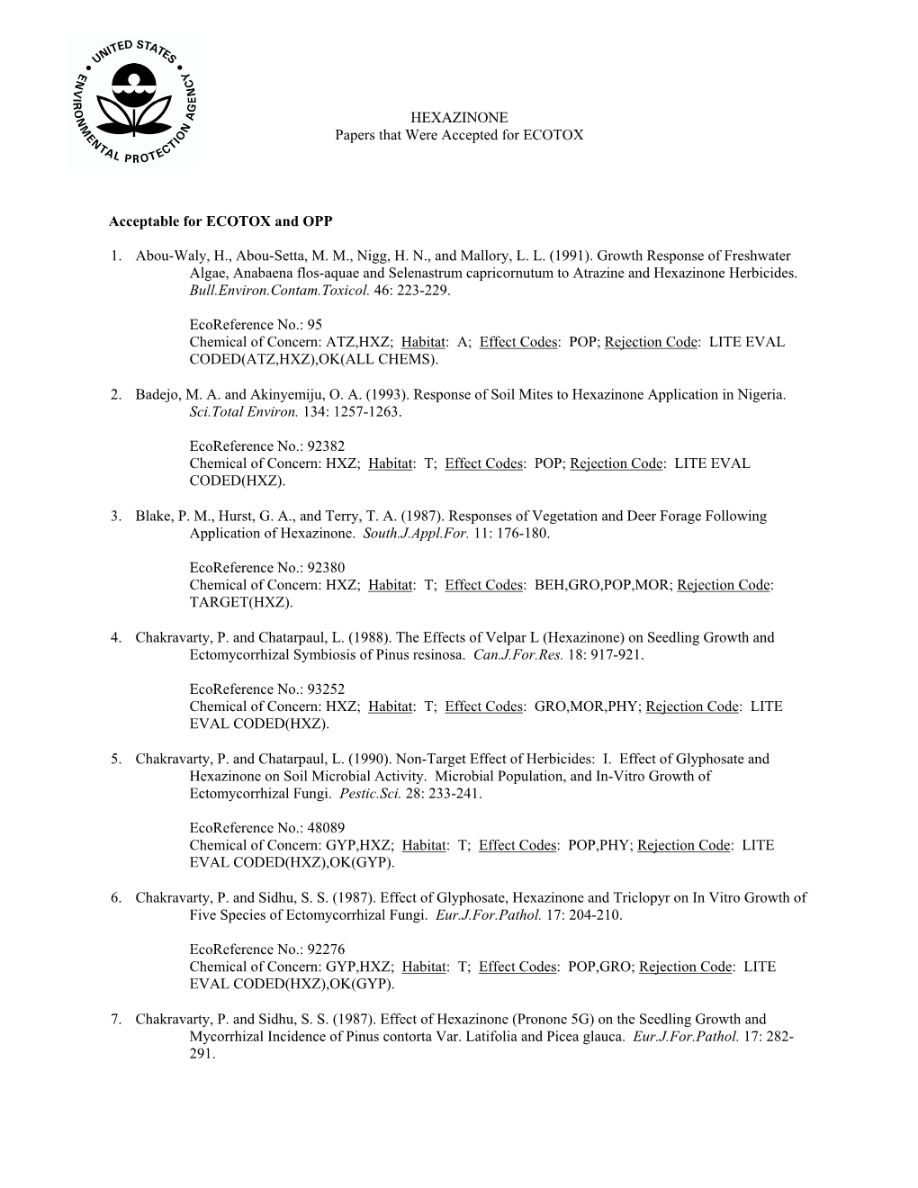 HEXAZINONE Papers That Were Accepted for ECOTOX