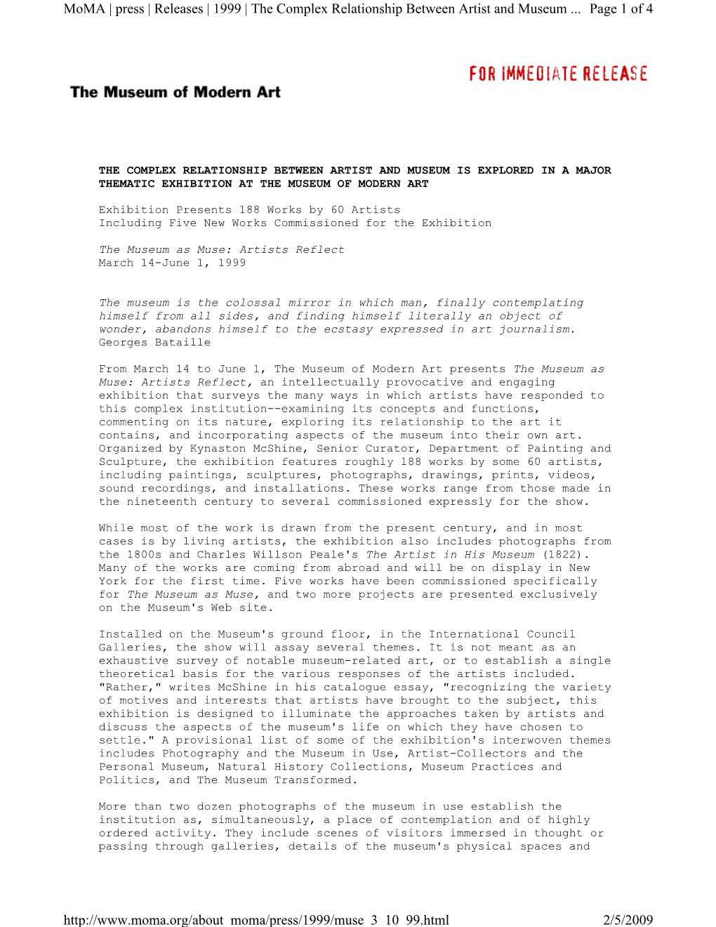 Page 1 of 4 Moma | Press | Releases | 1999 | the Complex Relationship