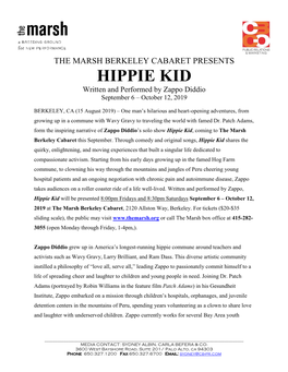 HIPPIE KID Written and Performed by Zappo Diddio September 6 – October 12, 2019