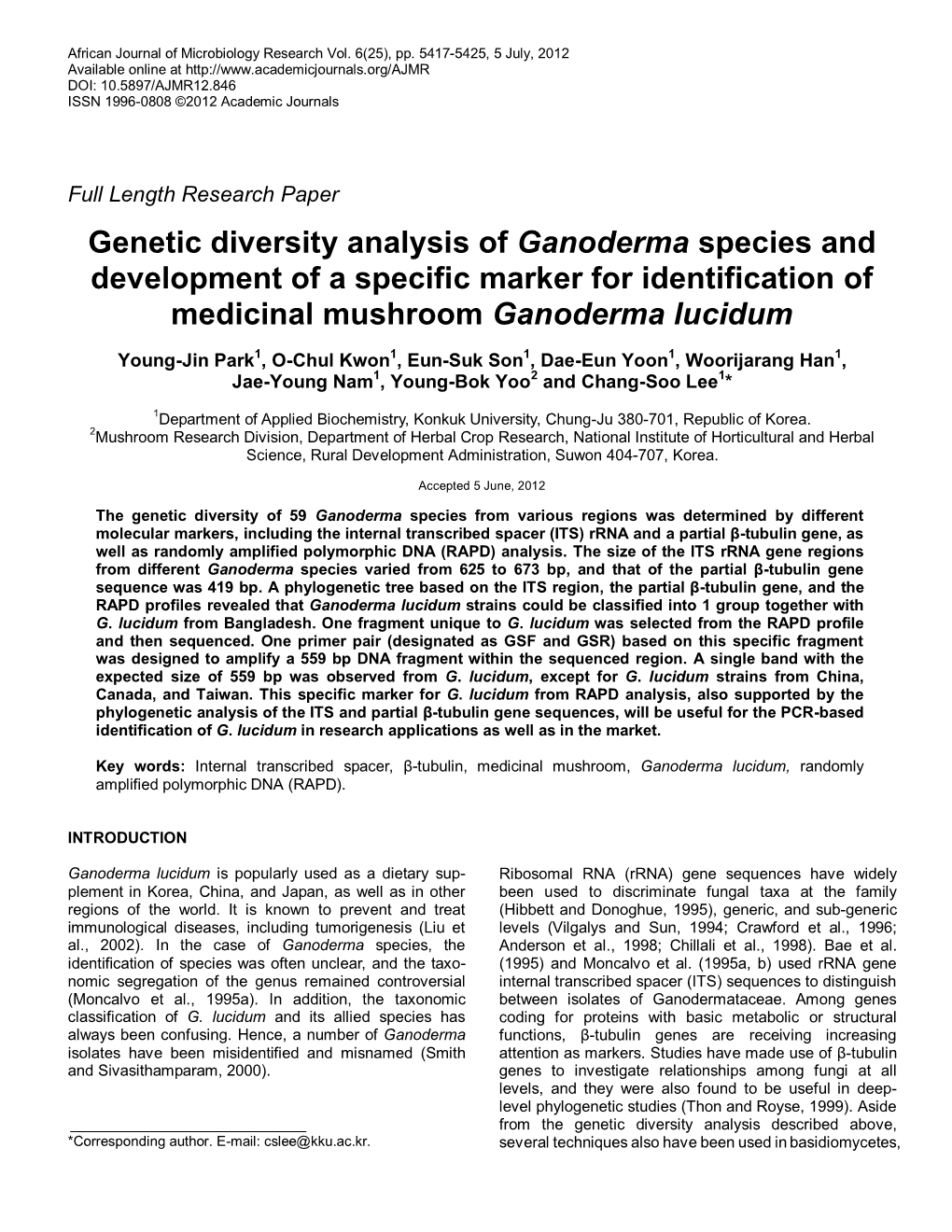 Genetic Diversity Analysis of Ganoderma Species and Development of a Specific Marker for Identification of Medicinal Mushroom Ganoderma Lucidum