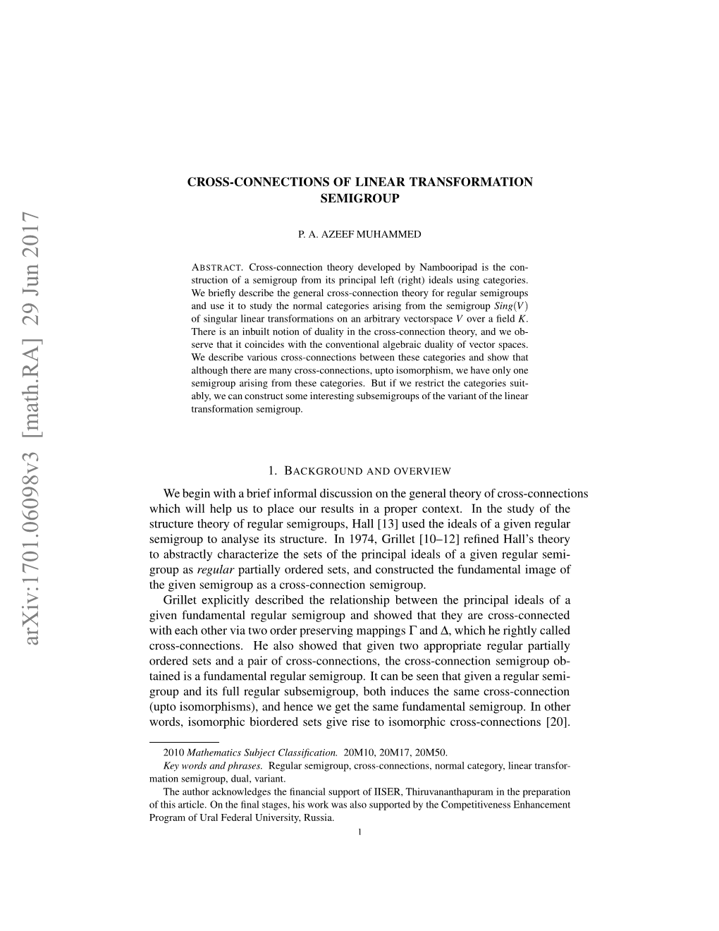 Arxiv:1701.06098V3 [Math.RA] 29 Jun 2017 H Ie Eiru Sacoscneto Semigroup