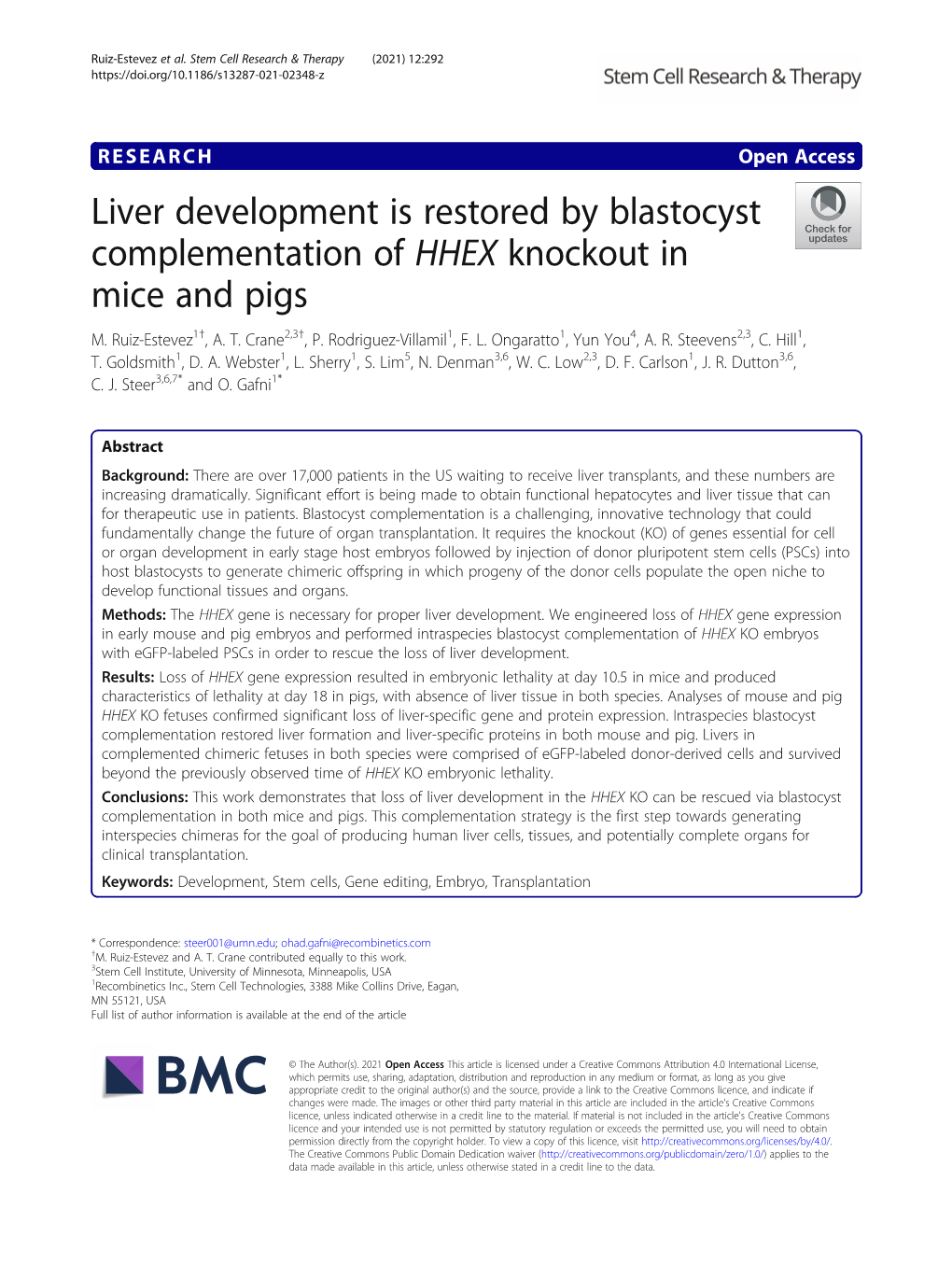 Liver Development Is Restored by Blastocyst Complementation of HHEX Knockout in Mice and Pigs M