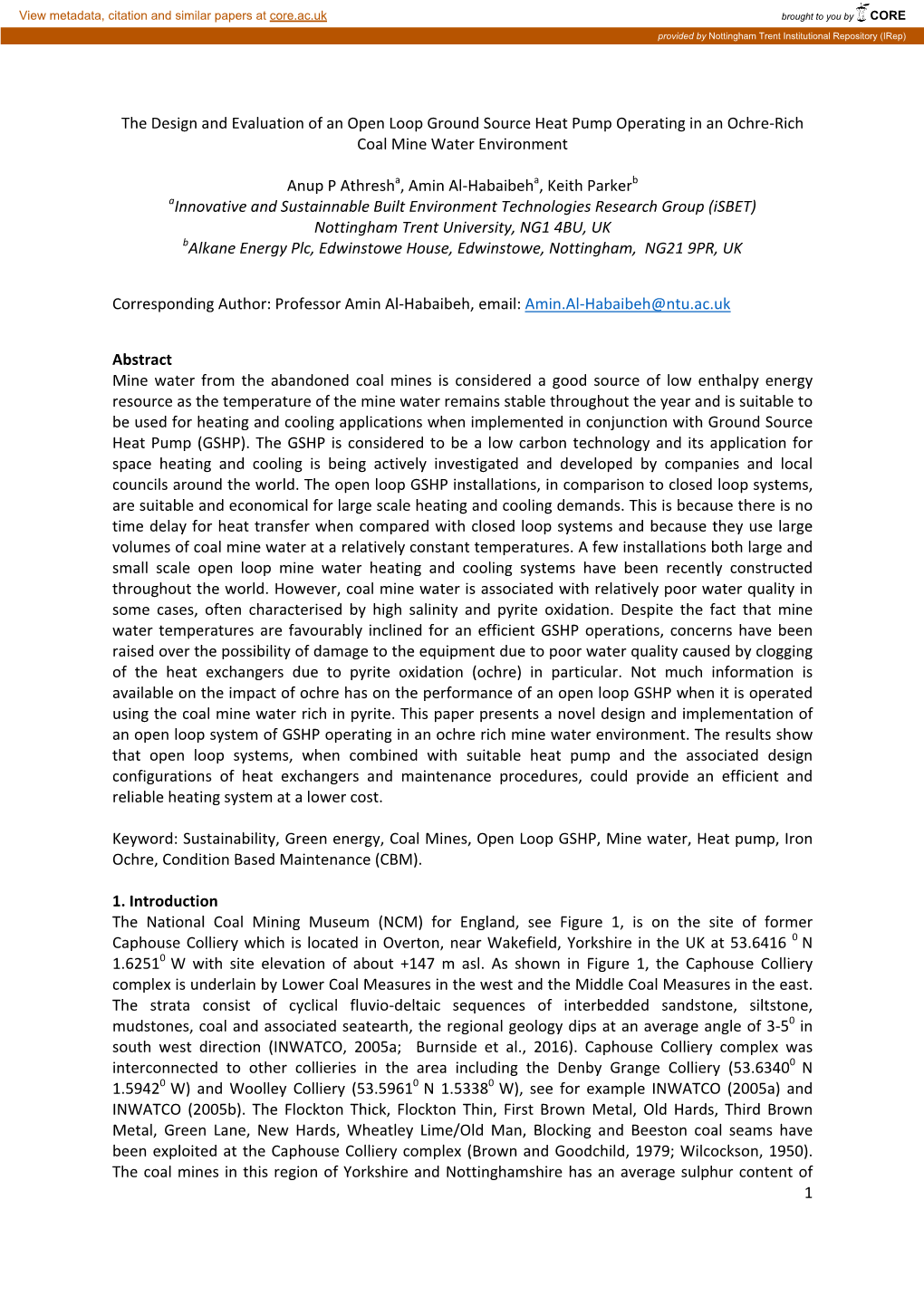 1 the Design and Evaluation of an Open Loop Ground Source Heat