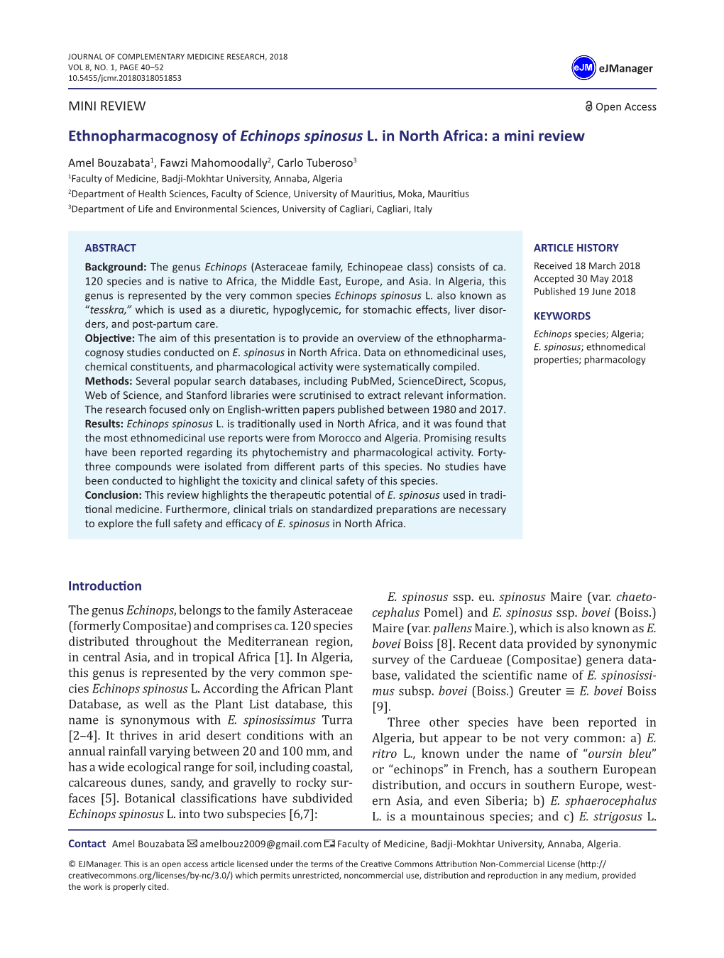 Ethnopharmacognosy of Echinops Spinosus L. in North Africa: a Mini