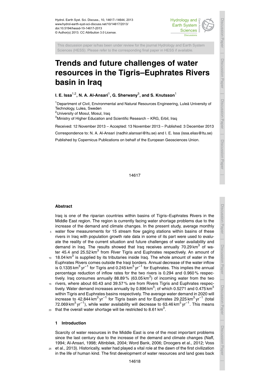 Trends and Future Challenges of Water Resources in the Tigris–Euphrates