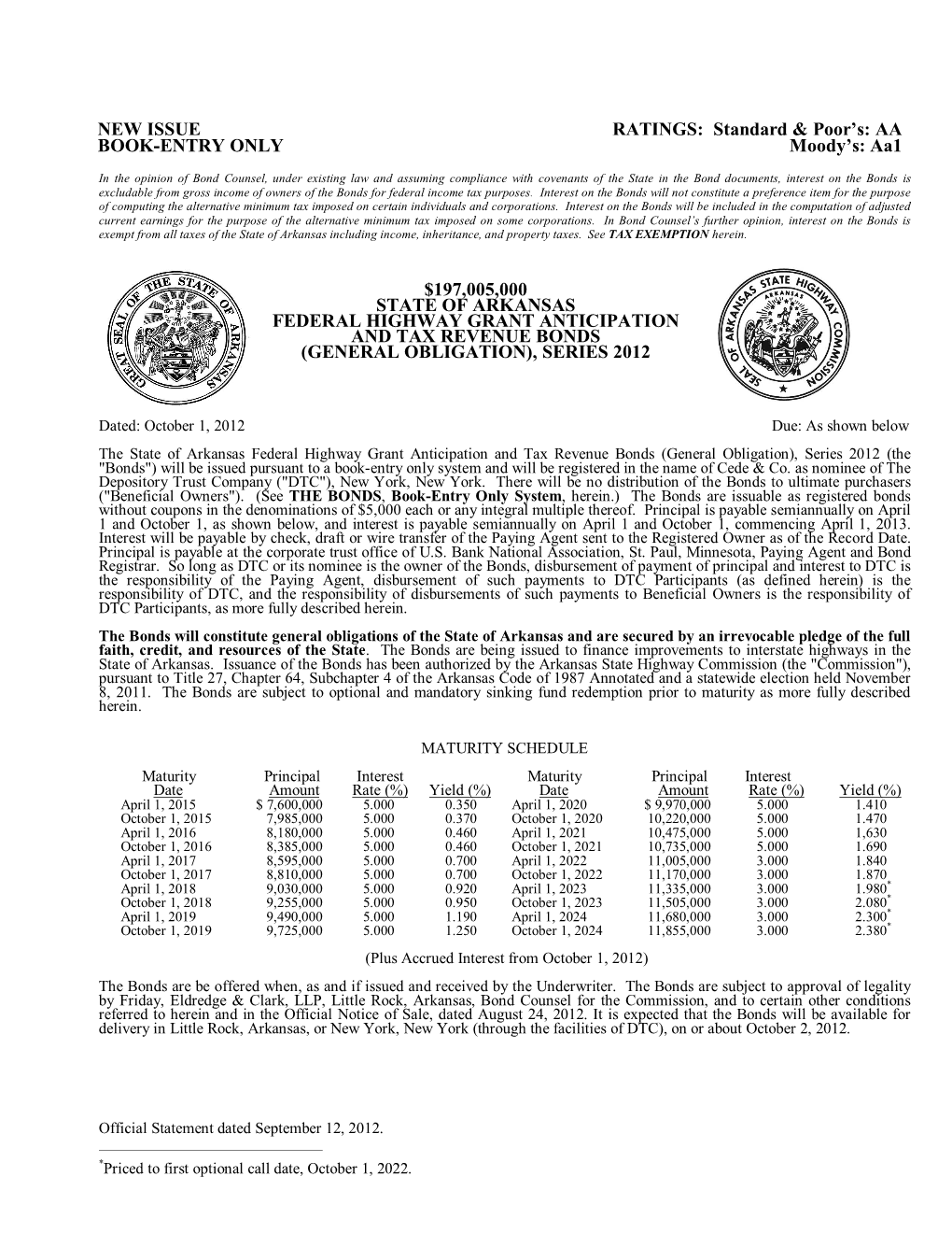 Standard & Poor's: AA Moody's: Aa1 $197005000 STATE of ARKANSAS FEDERAL HIGHWAY GR