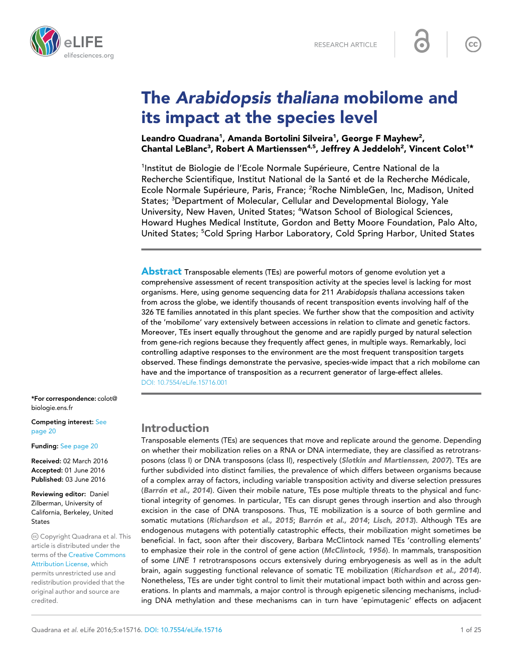 The Arabidopsis Thaliana Mobilome and Its Impact at the Species