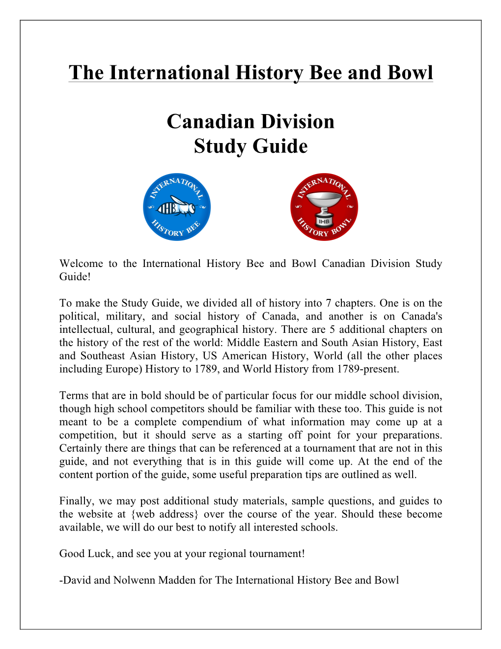 The International History Bee and Bowl Canadian Division Study Guide!