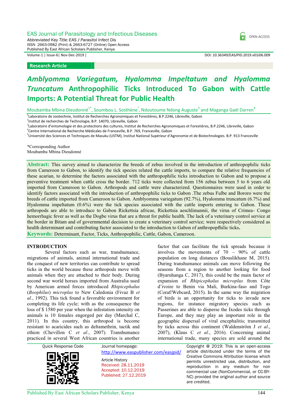 Amblyomma Variegatum, Hyalomma Impeltatum and Hyalomma Truncatum Anthropophilic Ticks Introduced to Gabon with Cattle Imports: a Potential Threat for Public Health