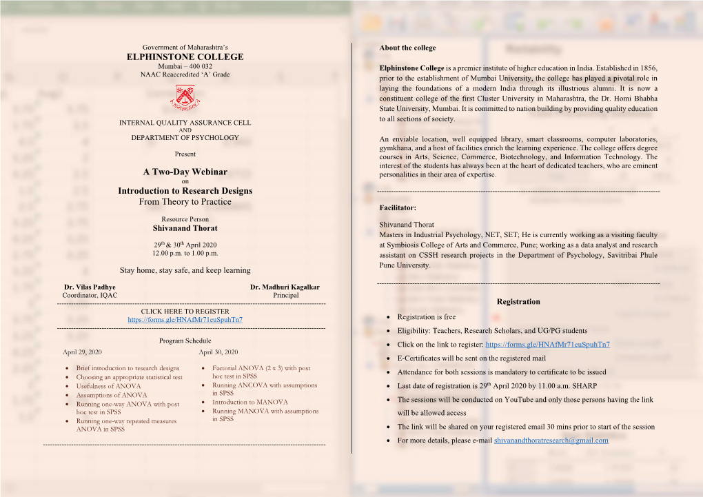 ELPHINSTONE COLLEGE a Two-Day Webinar Introduction to Research Designs from Theory to Practice