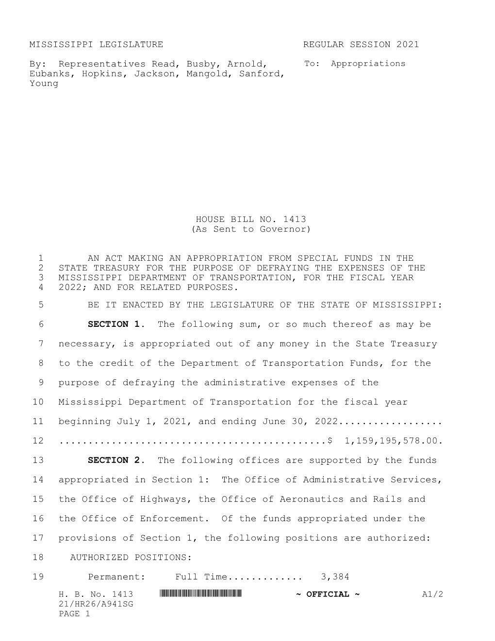 MISSISSIPPI LEGISLATURE REGULAR SESSION 2021 By: Representatives Read, Busby, Arnold, Eubanks, Hopkins, Jackson, Mangold