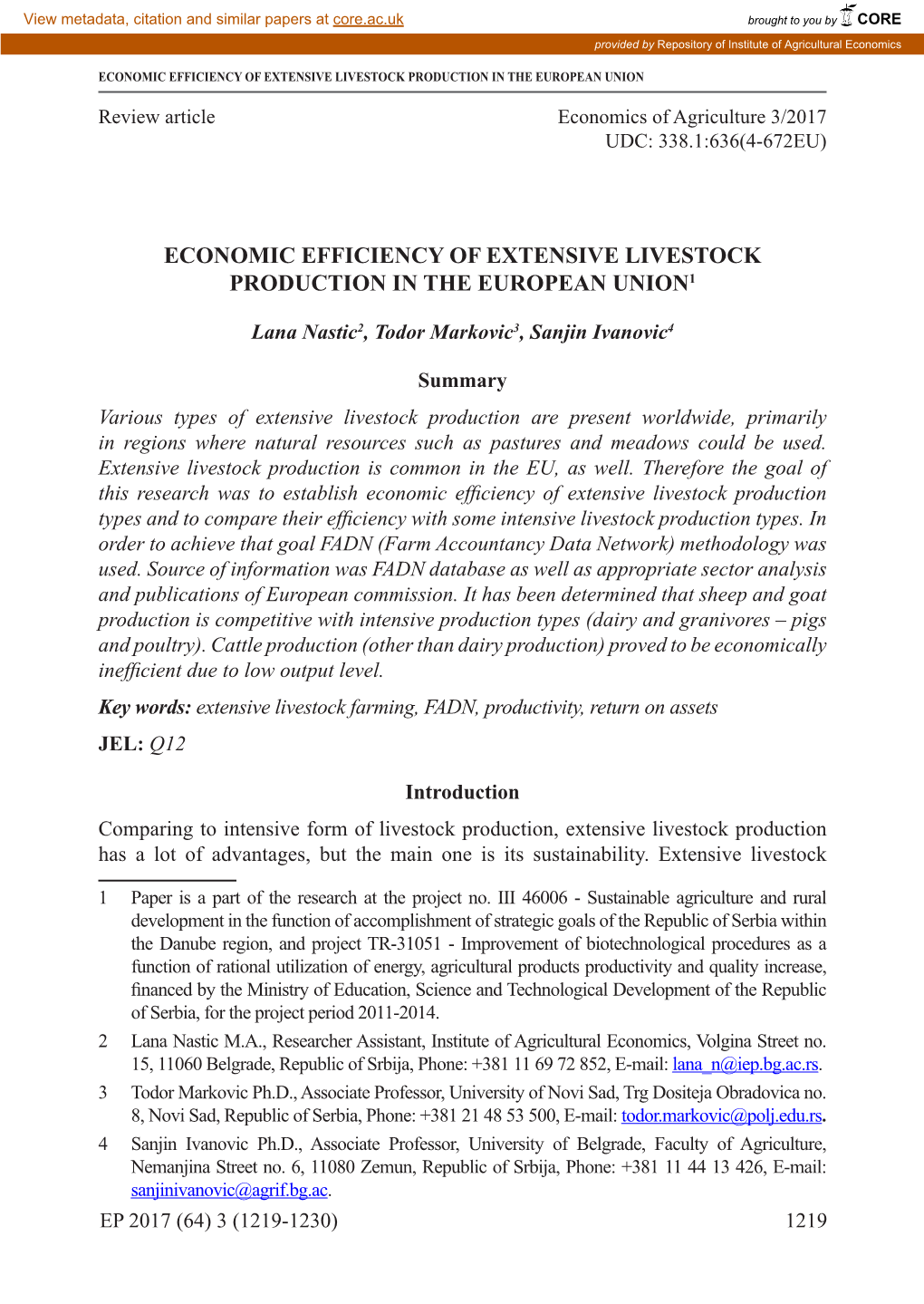 Economic Efficiency of Extensive Livestock Production in the European Union