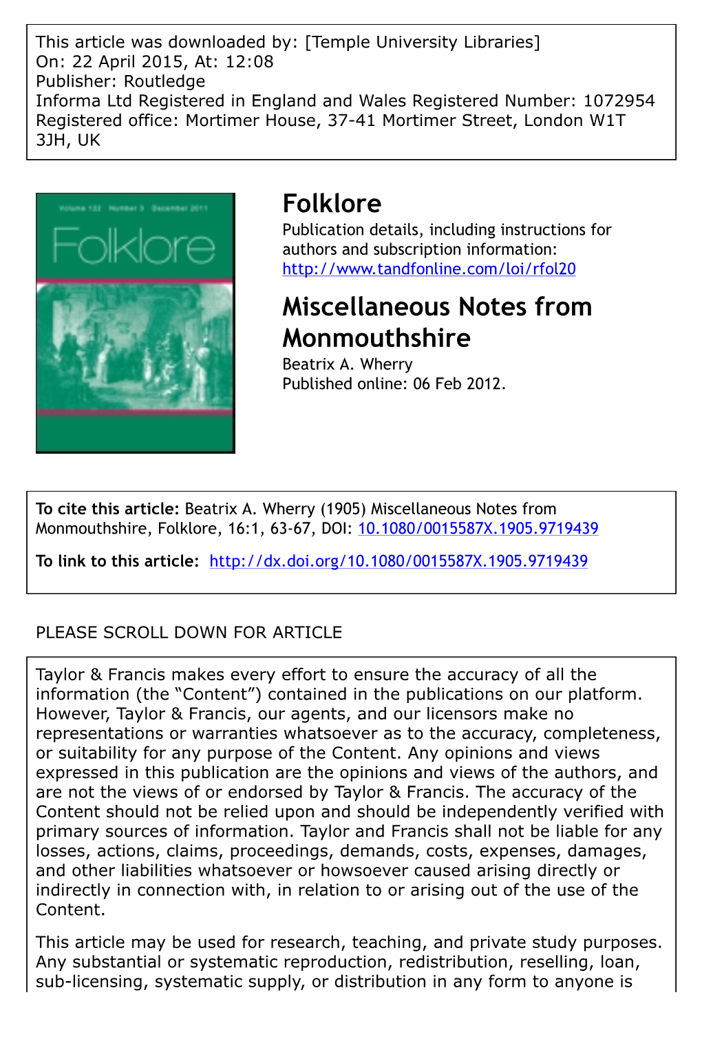 Folklore Miscellaneous Notes from Monmouthshire