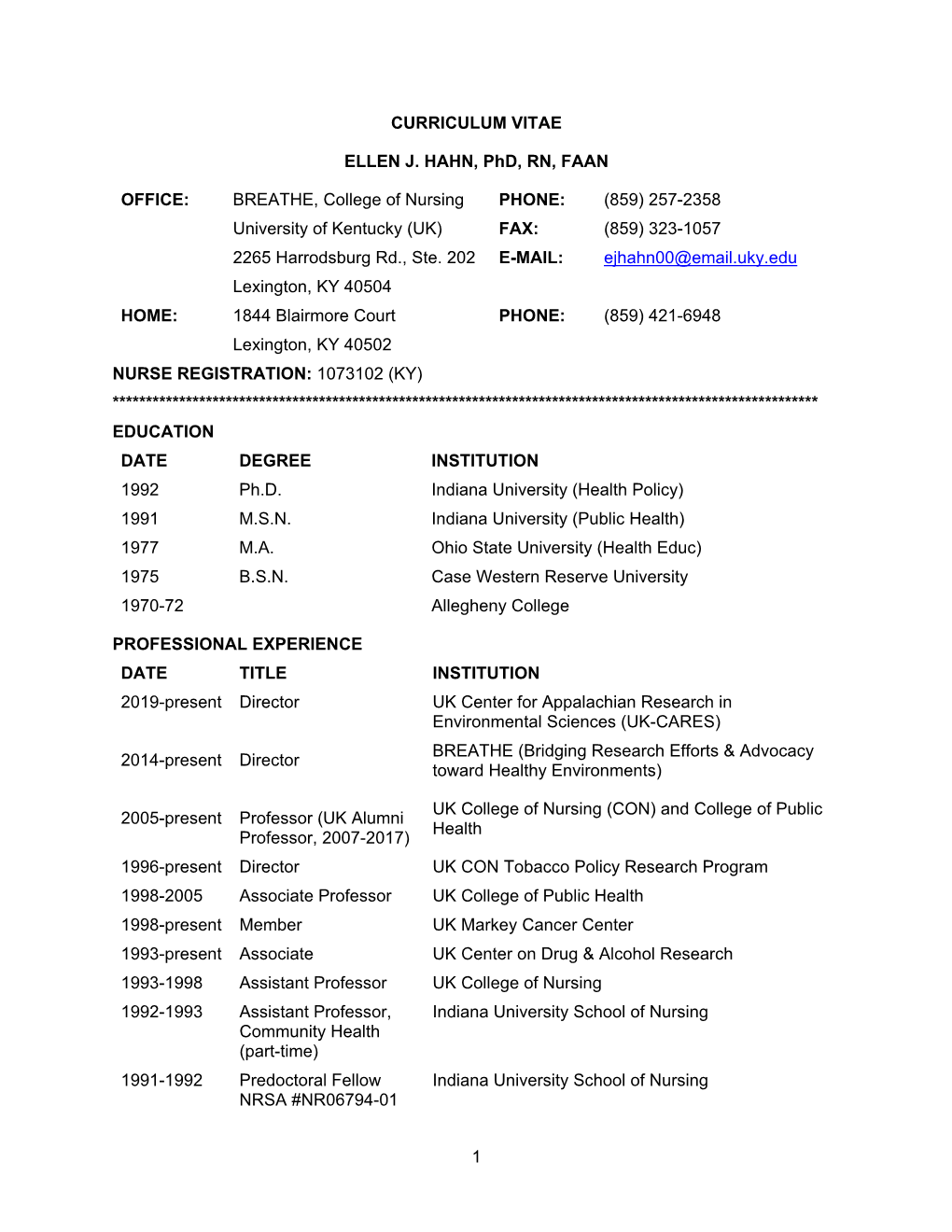 Dr. Ellen Hahn's CV