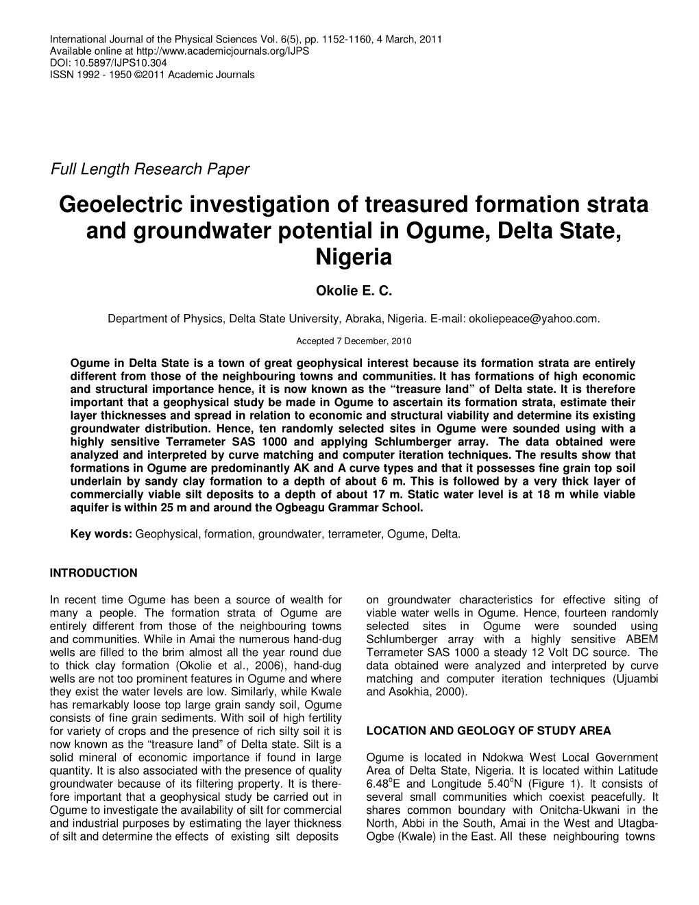 Geoelectric Investigation of Treasured Formation Strata and Groundwater Potential in Ogume, Delta State, Nigeria