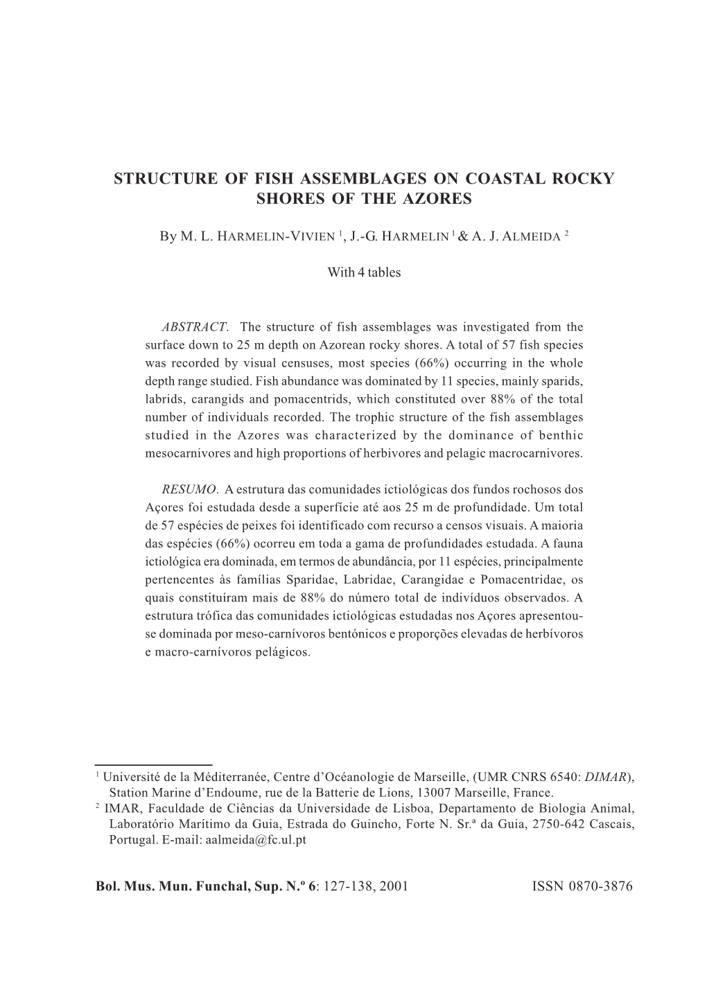 Structure of Fish Assemblages on Coastal Rocky Shores of the Azores