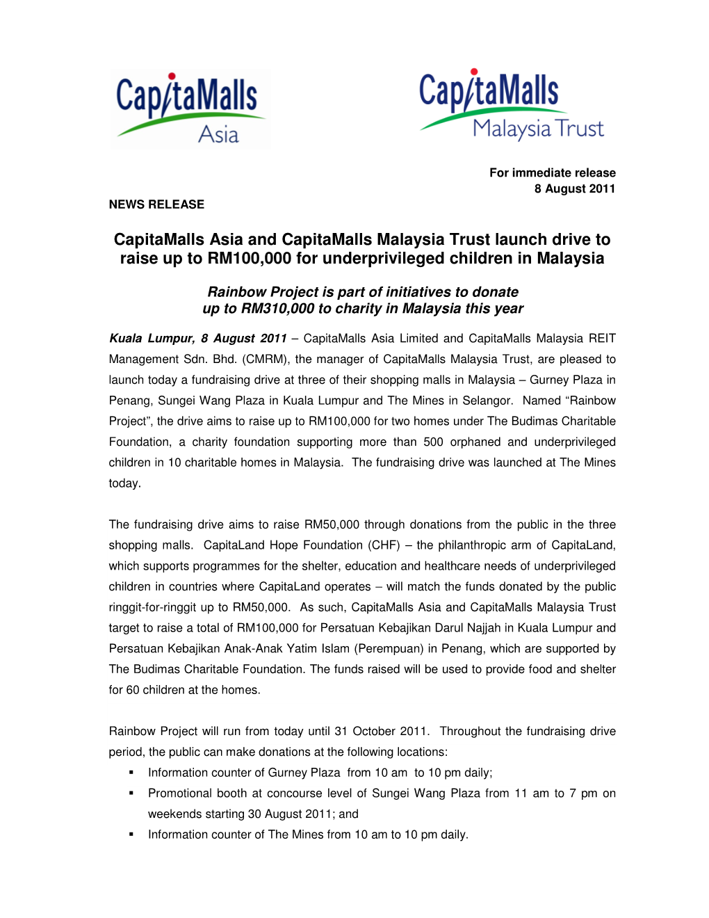 Capitamalls Asia and Capitamalls Malaysia Trust Launch Drive to Raise up to RM100,000 for Underprivileged Children in Malaysia
