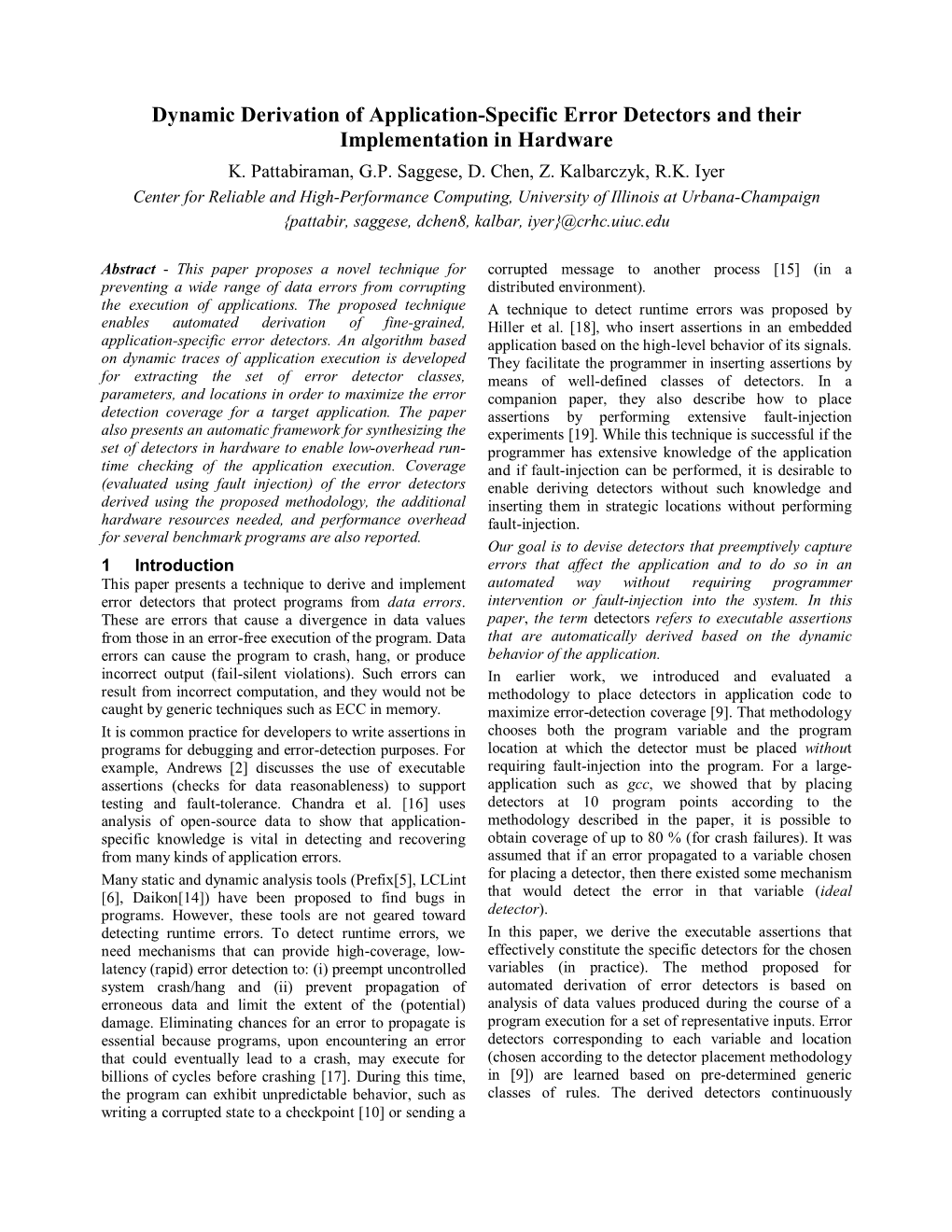 Dynamic Derivation of Application-Specific Error Detectors and Their Implementation in Hardware K