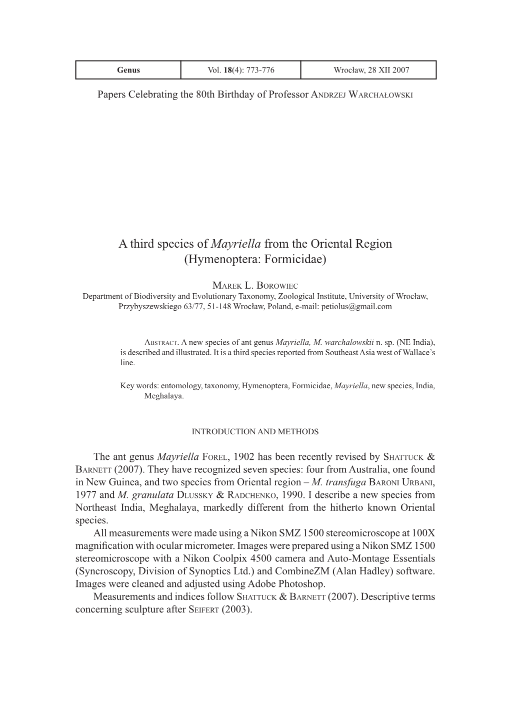 A Third Species of Mayriella from the Oriental Region (Hymenoptera: Formicidae)