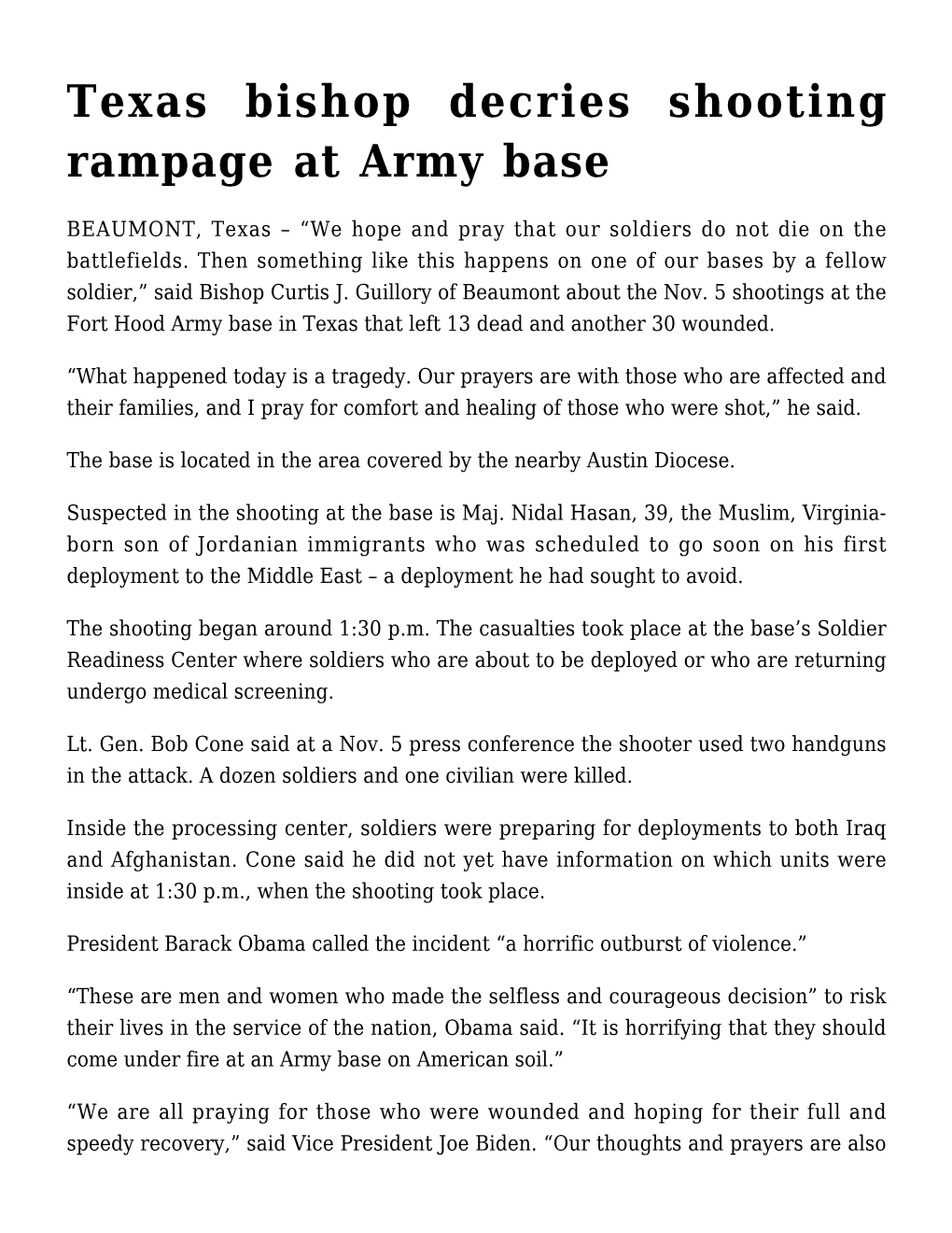 Texas Bishop Decries Shooting Rampage at Army Base