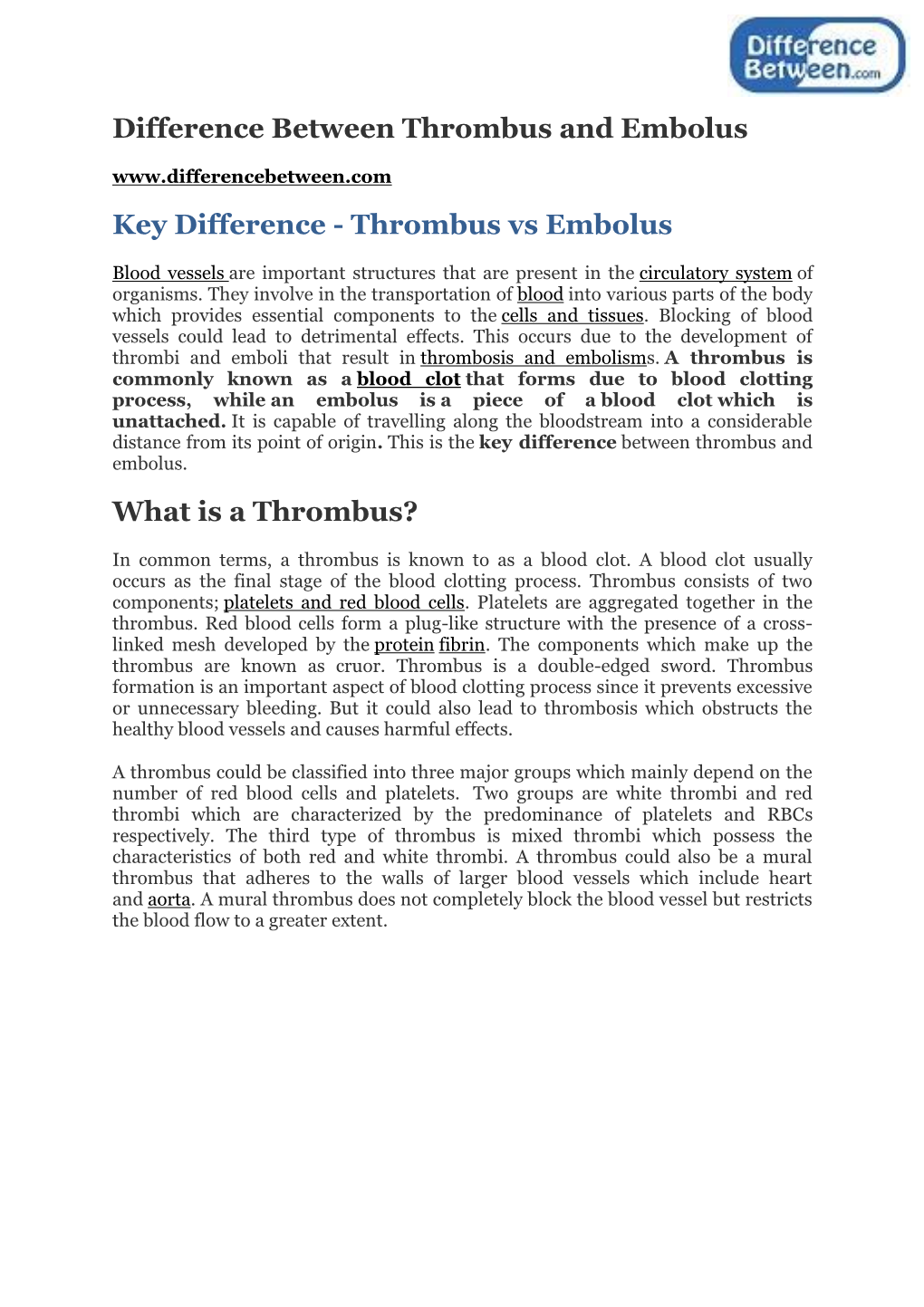 Difference Between Thrombus and Embolus Key Difference