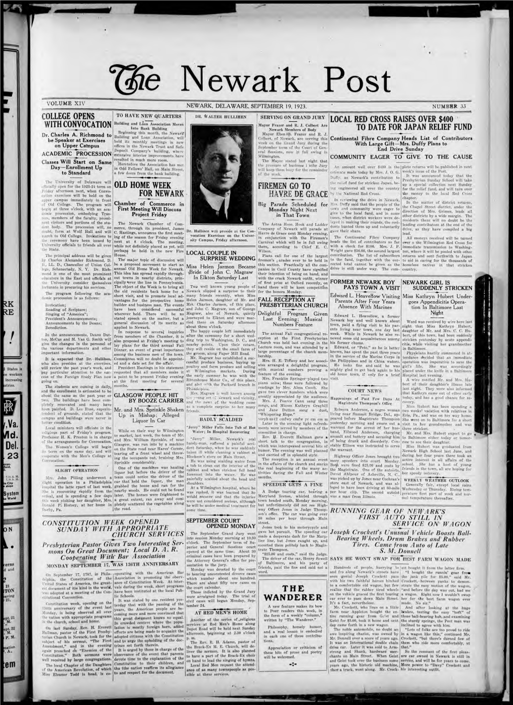 L{Le Newark Post VOLUME XIV NEWARK, DELAWARE, SEPTEMBER 19, 1923