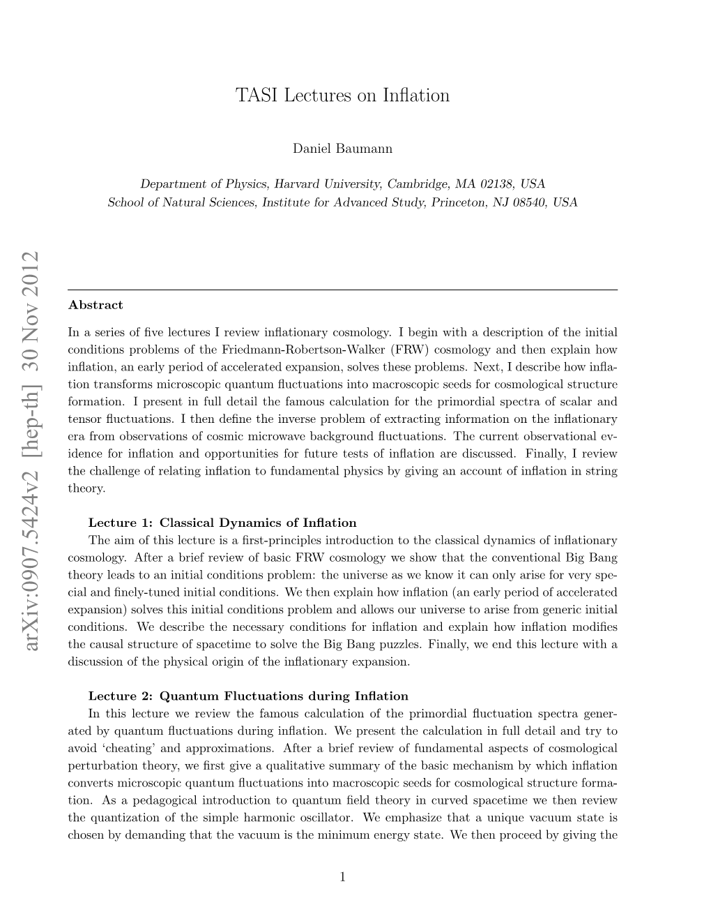 Arxiv:0907.5424V2 [Hep-Th] 30 Nov 2012 Discussion of the Physical Origin of the Inﬂationary Expansion