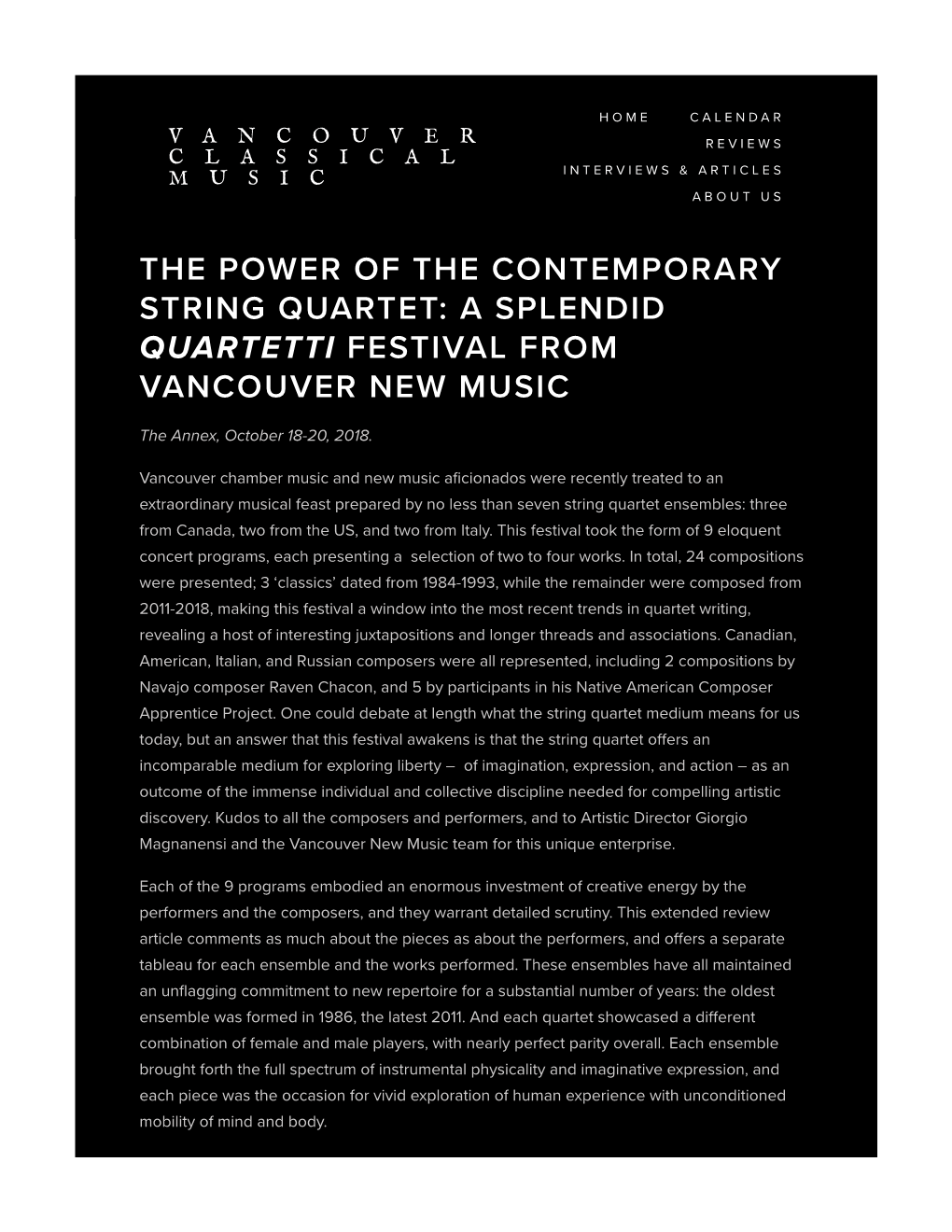 The Power of the Contemporary String Quartet: a Splendid Quartetti Festival from Vancouver New Music