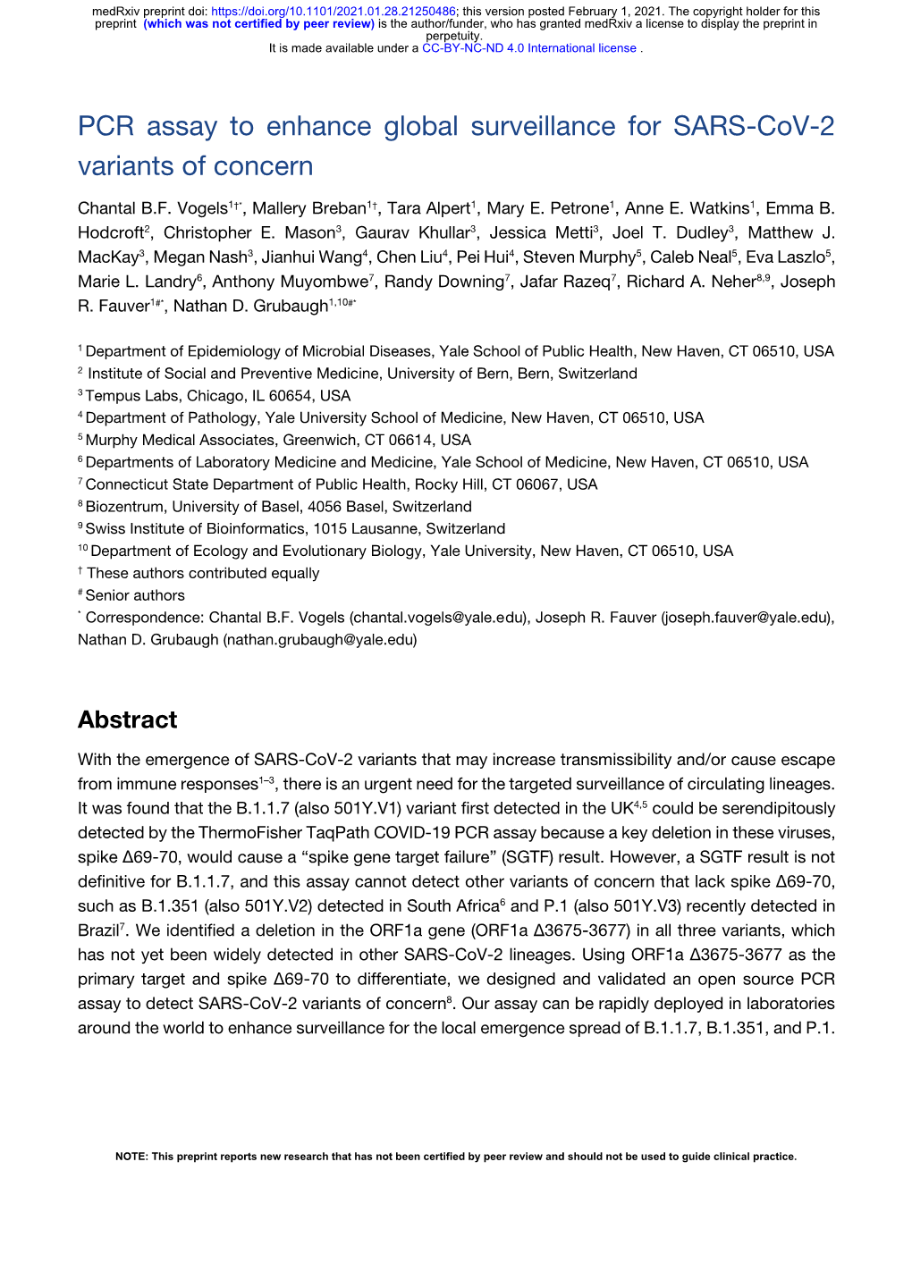 PCR Assay to Enhance Global Surveillance for SARS-Cov-2 Variants of Concern