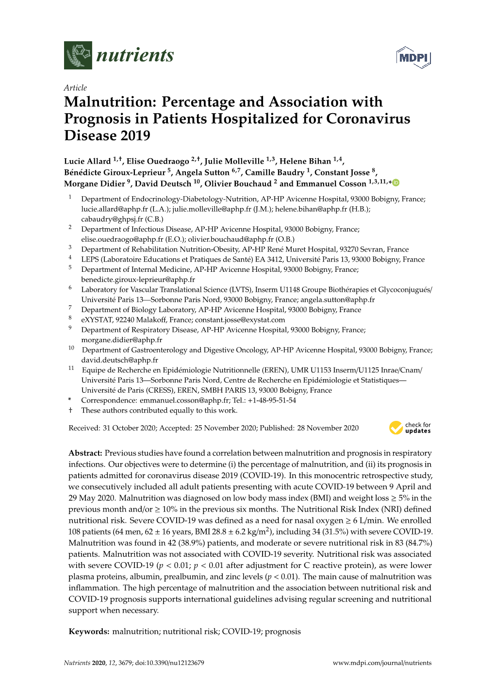 Malnutrition: Percentage and Association with Prognosis in Patients Hospitalized for Coronavirus Disease 2019