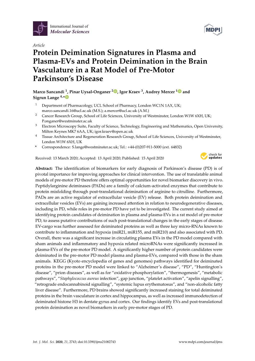 Protein Deimination Signatures in Plasma and Plasma-Evs and Protein Deimination in the Brain Vasculature in a Rat Model of Pre-Motor Parkinson’S Disease