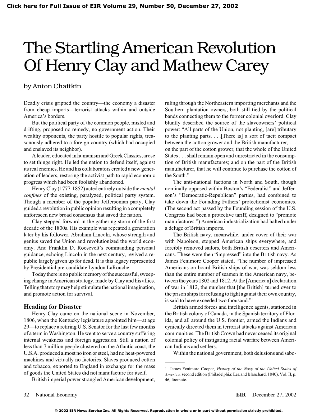 The Startling American Revolution of Henry Clay and Mathew Carey