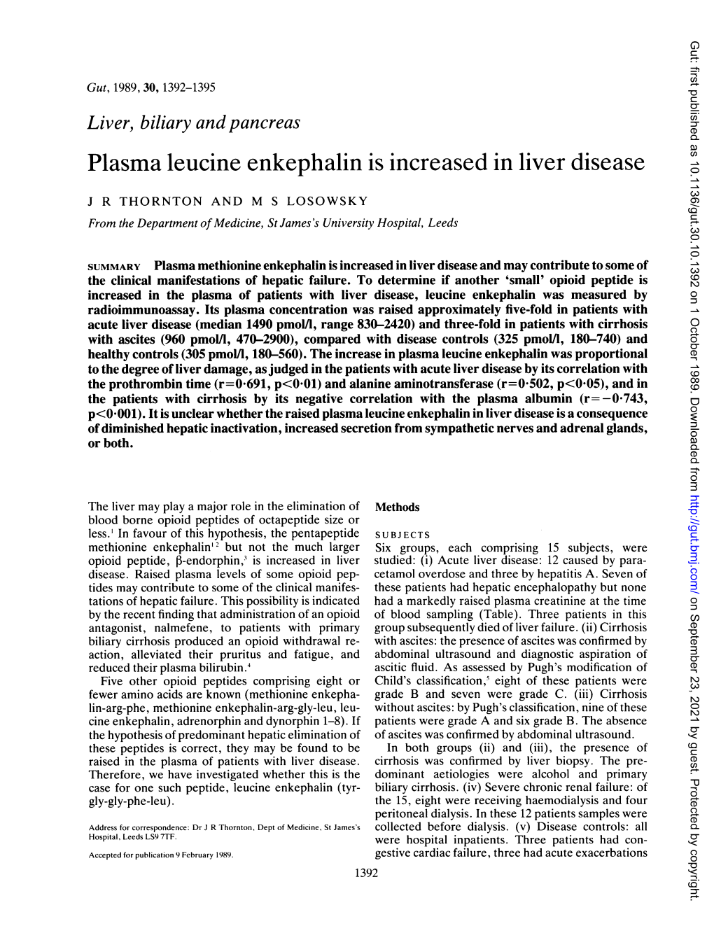 Plasma Leucine Enkephalin Is Increased in Liver Disease