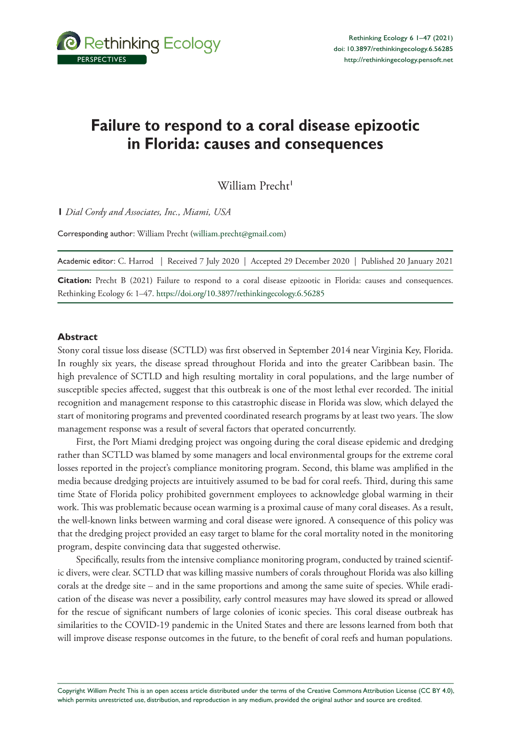 ﻿Failure to Respond to a Coral Disease Epizootic in Florida: Causes