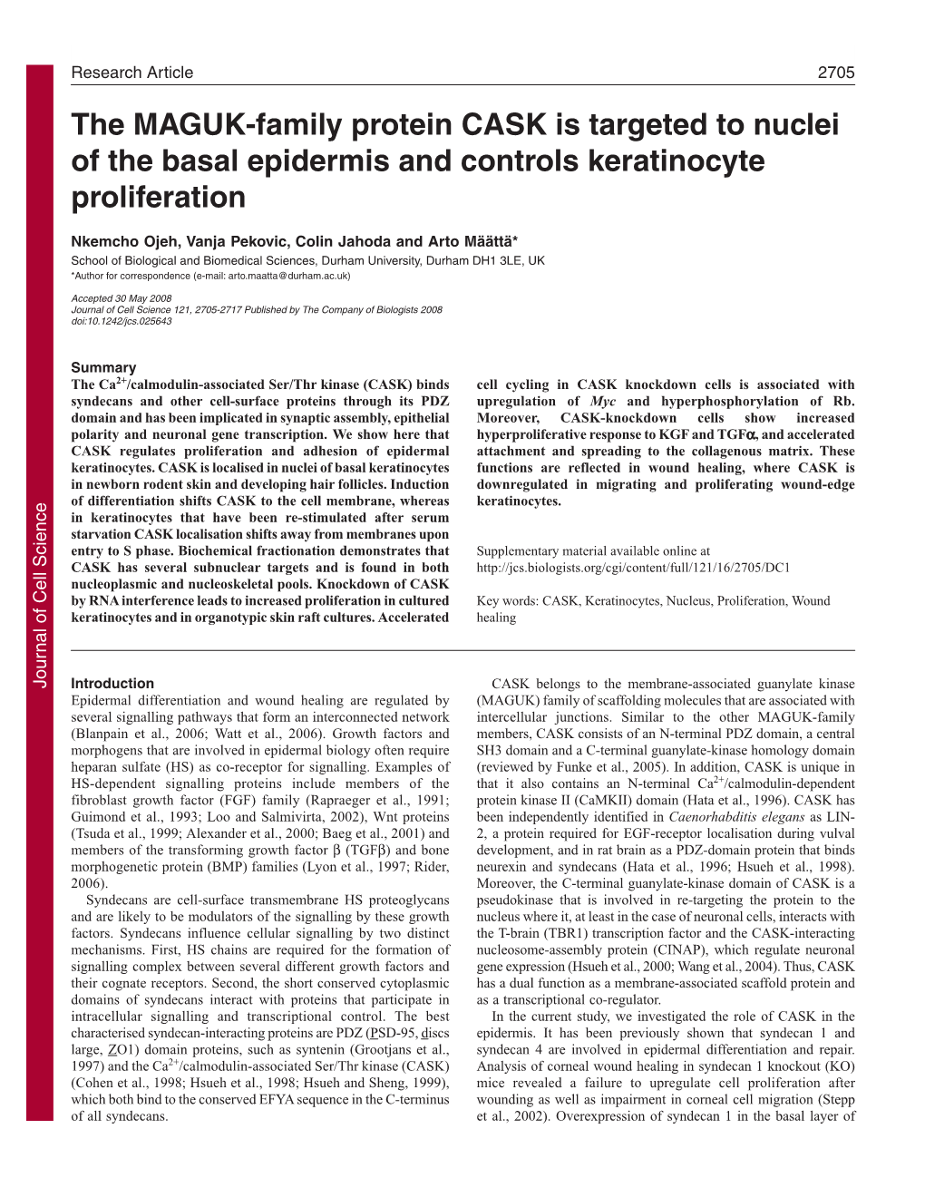 The MAGUK-Family Protein CASK Is Targeted to Nuclei of the Basal Epidermis and Controls Keratinocyte Proliferation