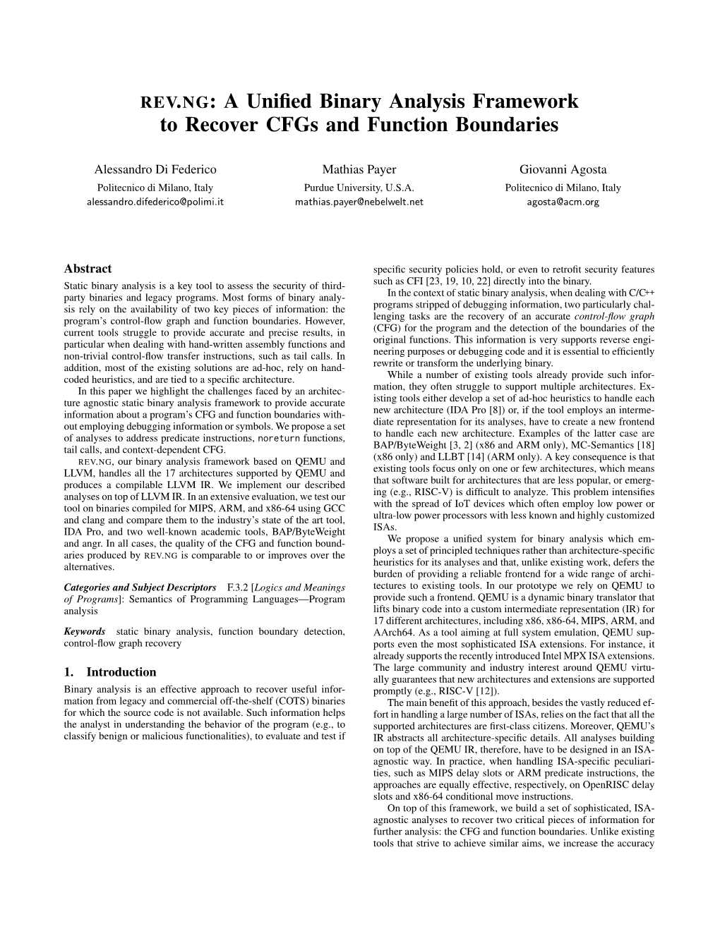 REV.NG: a Uniﬁed Binary Analysis Framework to Recover Cfgs and Function Boundaries