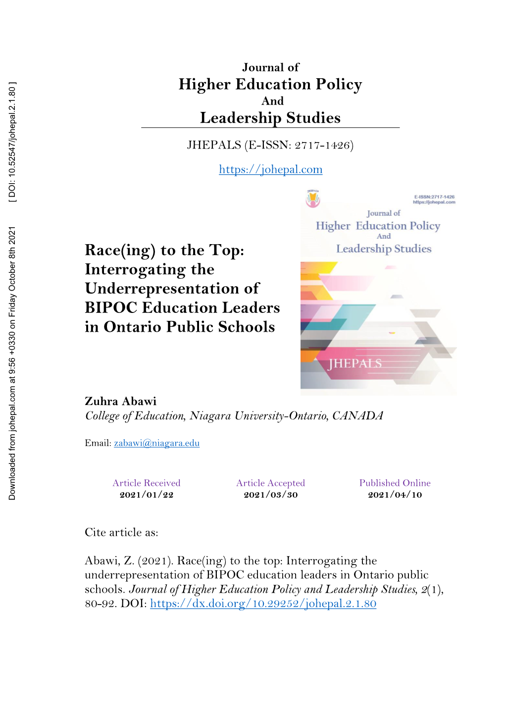 Race(Ing) to the Top: Interrogating the Underrepresentation of BIPOC Education Leaders in Ontario Public Schools