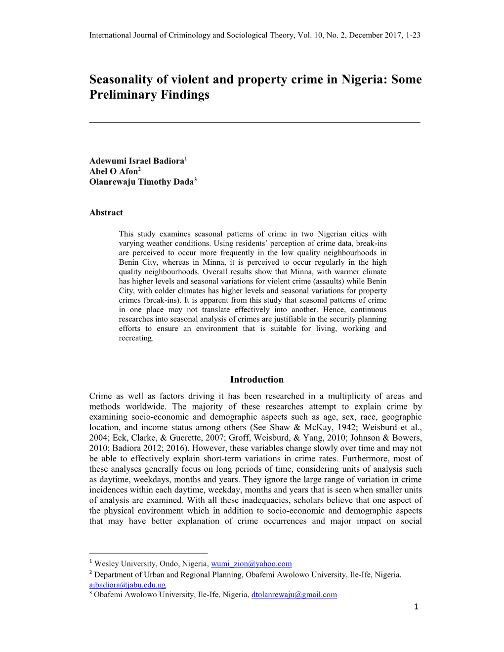 Seasonality of Violent and Property Crime in Nigeria: Some Preliminary Findings