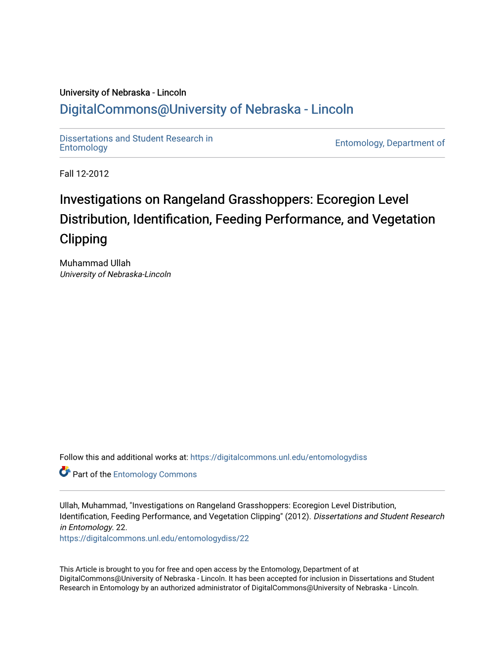 Investigations on Rangeland Grasshoppers: Ecoregion Level Distribution, Identification, Eedingf Performance, and Vegetation Clipping