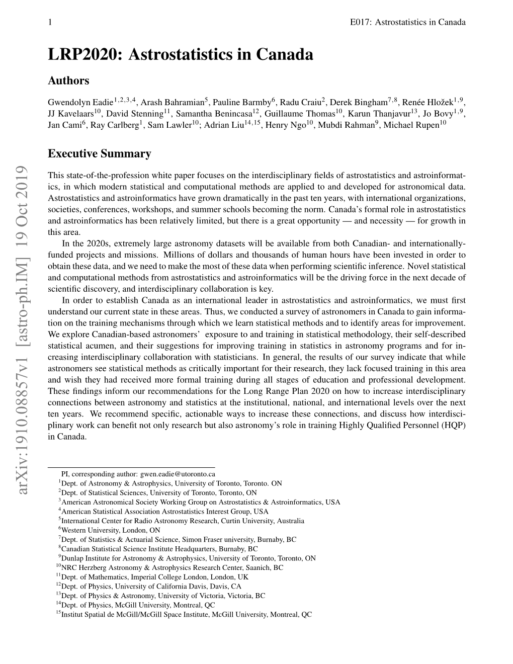 LRP2020: Astrostatistics in Canada Arxiv:1910.08857V1 [Astro-Ph.IM