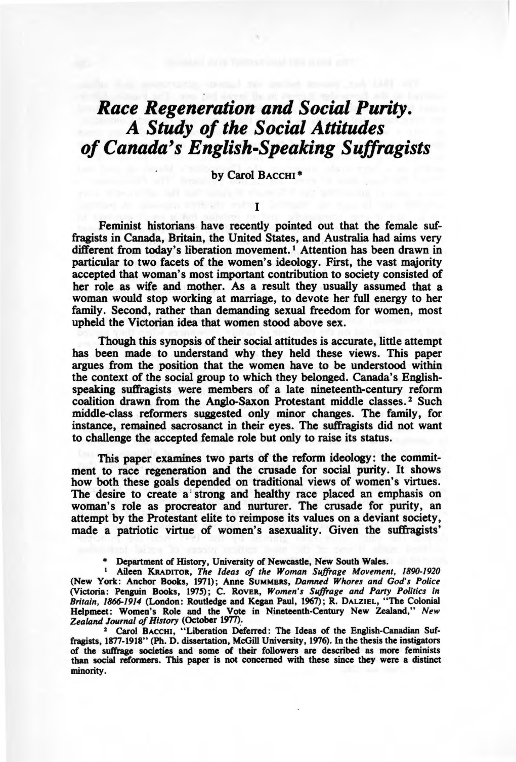 Race Regeneration and Social Purity. a Study of the Social Attitudes of Canada's English-Speaking Suffragists by Carol BACCHI*