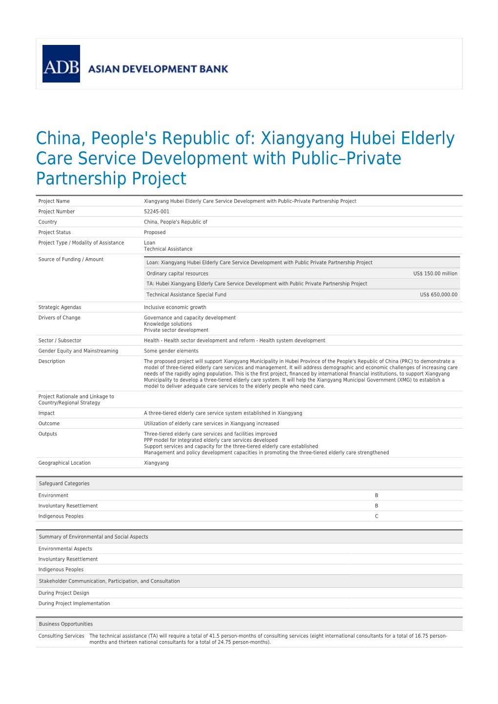 Xiangyang Hubei Elderly Care Service Development with Public–Private Partnership Project