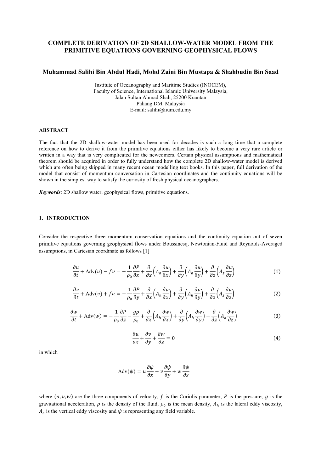 Complete Derivation of 2D Shallow-Water Model from the Primitive Equations Governing Geophysical Flows